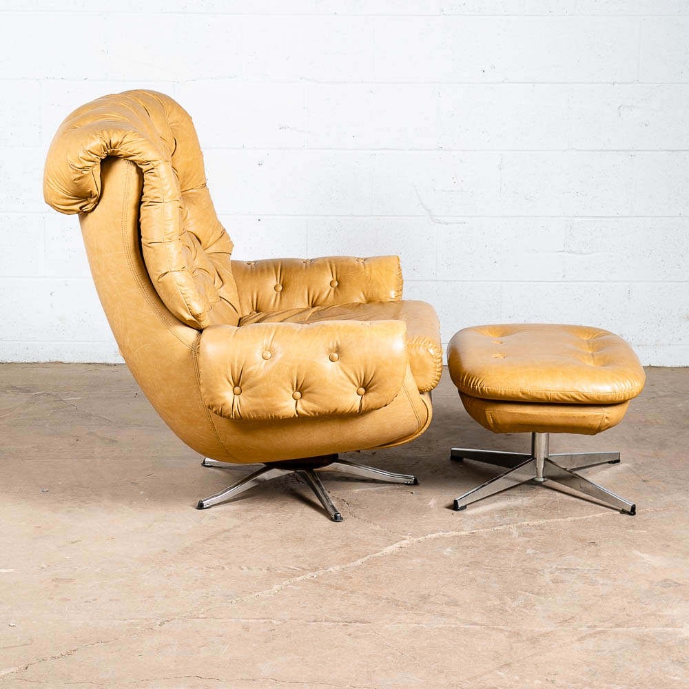 Mid Century Modern Lounge Chair Egg Ottoman Tufted Swivel Tan Cream Armchair Mcm - Image 2