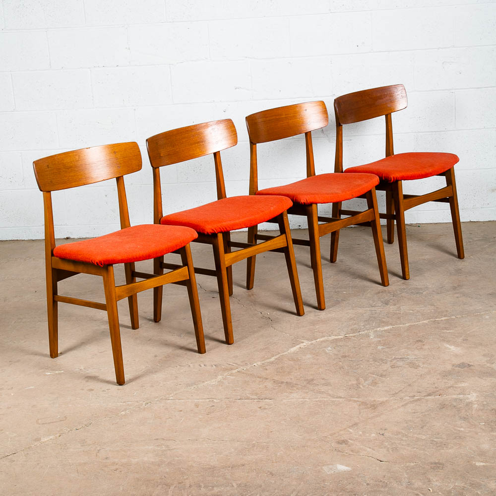 Mid Century Danish Modern Dining Chairs Set 4 Teak Roundback Red Vintage Denmark