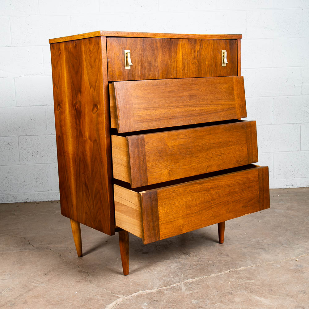 Mid Century Modern Dresser Highboy Walnut 4 Drawer Wood Brass Handle Restored - Image 3