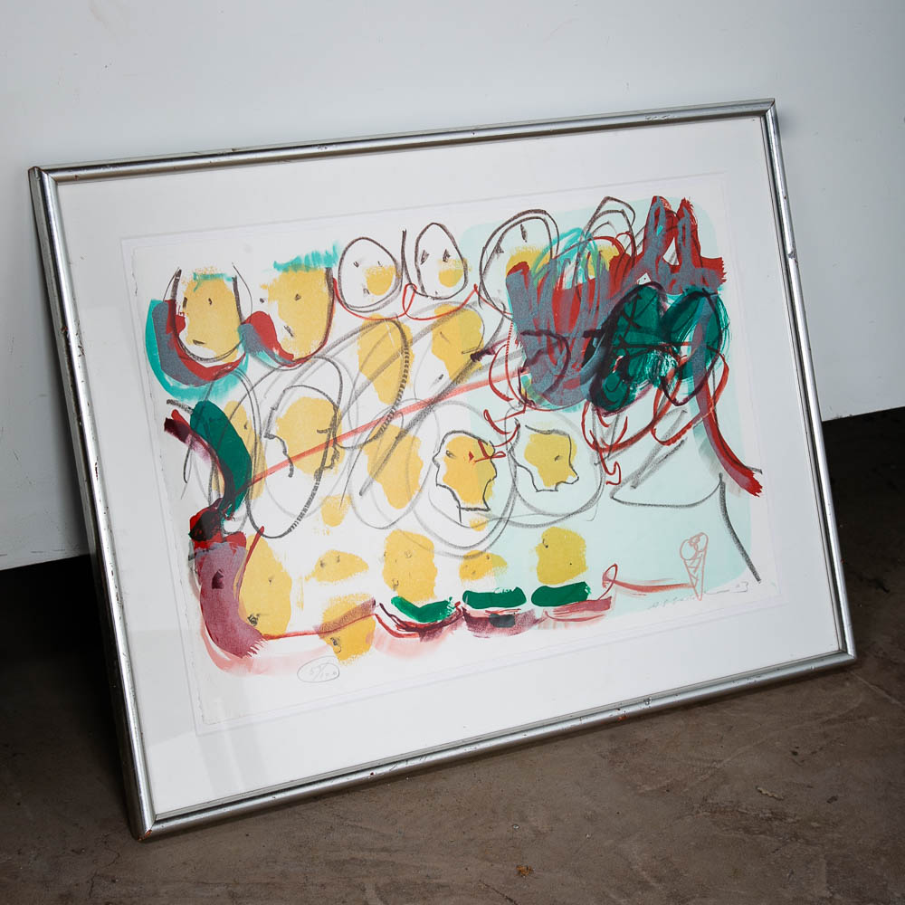 Mid Century Modern Art Serigraph Abstract Faces #53/120 Signed Yellow Green Red - Image 2