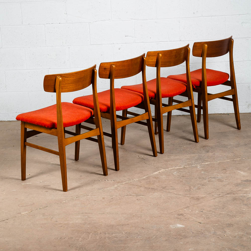 Mid Century Danish Modern Dining Chairs Set 4 Teak Roundback Red Vintage Denmark - Image 3