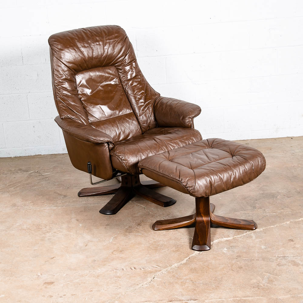 Mid Century Danish Modern Lounge Chair Soderbergs Brown Leather Ottoman Recliner