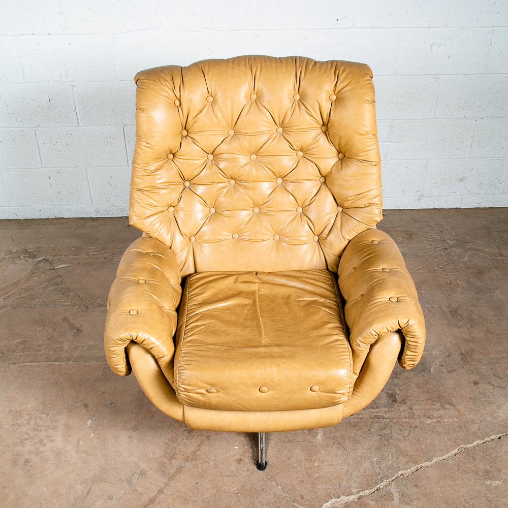 Mid Century Modern Lounge Chair Egg Ottoman Tufted Swivel Tan Cream Armchair Mcm - Image 6