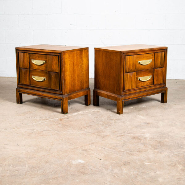Mid Century Modern Nightstands End Table Set Side 2 Drawers Walnut Vintage Brass