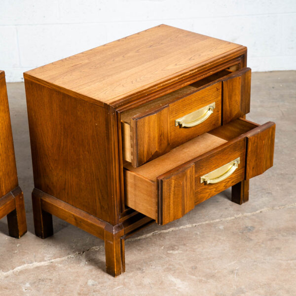 Mid Century Modern Nightstands End Table Set Side 2 Drawers Walnut Vintage Brass - Image 8