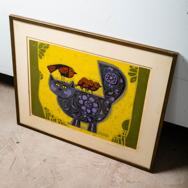 Mid Century Modern Art Print Serigraph David Weidman Yellow Cat Birds Mcm 31x25 - Image 4