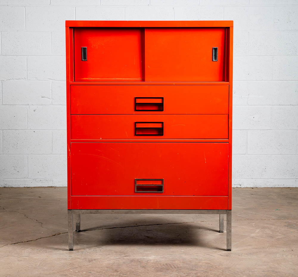 Mid Century Modern Highboy Dresser Metal Solid Salmon Pink Red Steelcase Vintage - Image 2