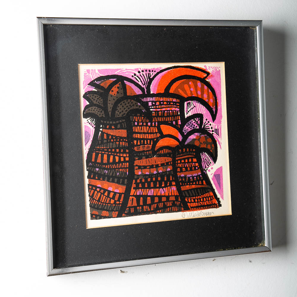 Mid Century Modern Art Print Serigraph David Weidman Plant Forms Pink Mcm 12.5"