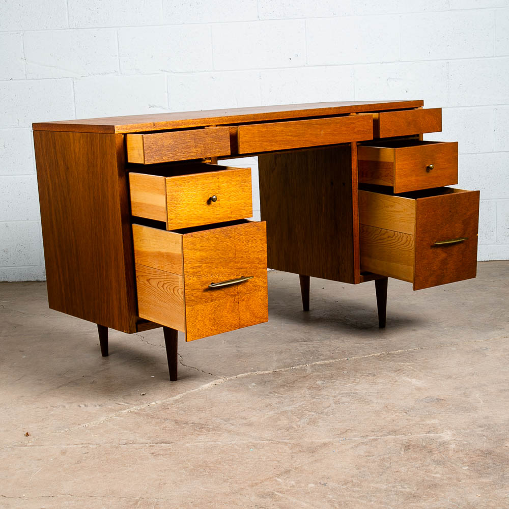 Mid Century Modern Desk Wood Office Executive Mcm 7 Drawer Brass Vintage Mcm 60s - Image 3