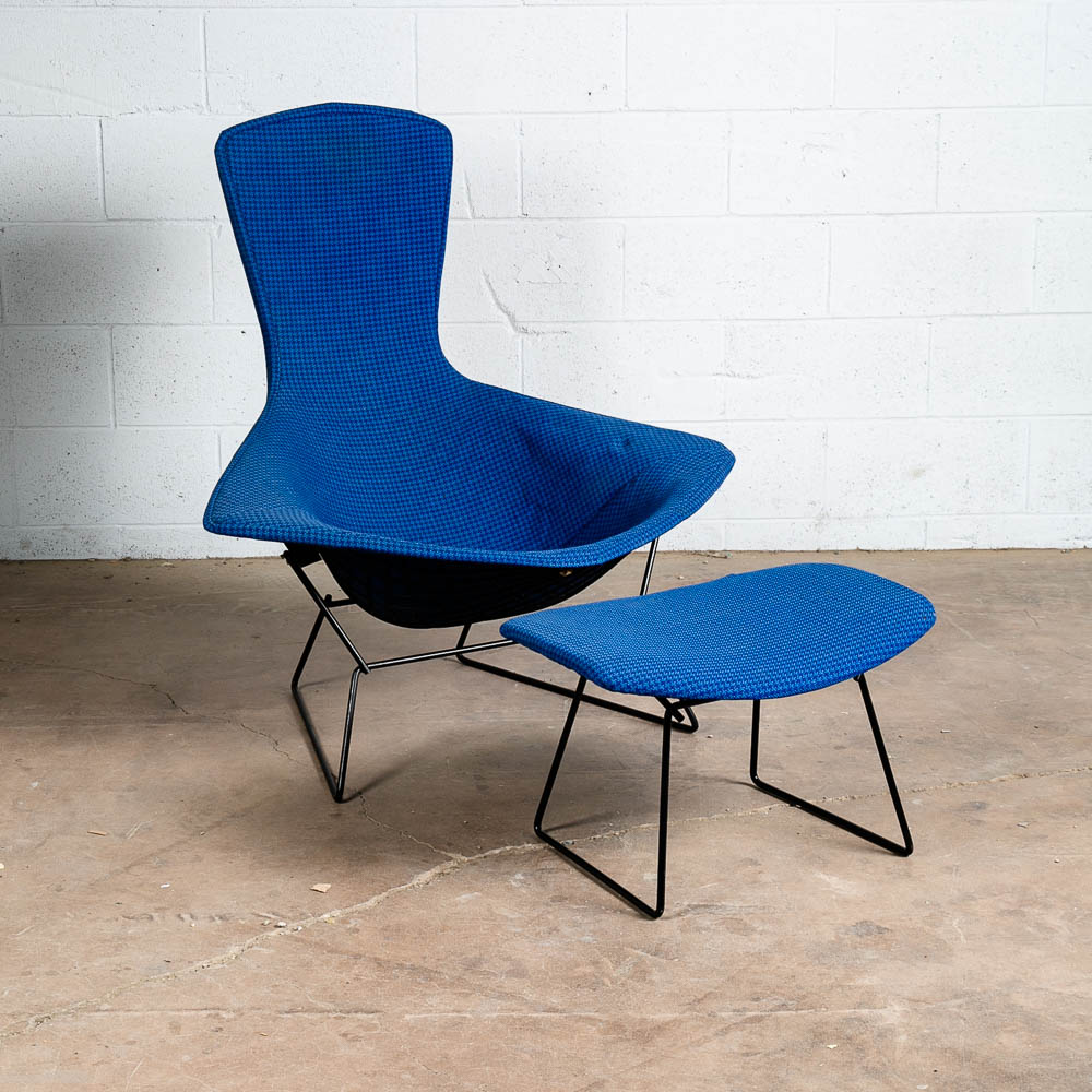 Mid Century Modern Lounge Chair Harry Bertoia Knoll Bird Ottoman Blue Black Base
