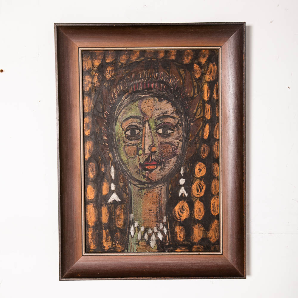 Mid Century Modern Painting Charcoal Pencil Signed Abstract Portrait Woman Girl