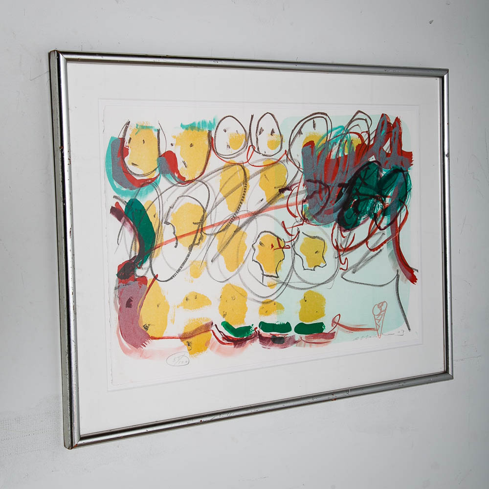 Mid Century Modern Art Serigraph Abstract Faces #53/120 Signed Yellow Green Red