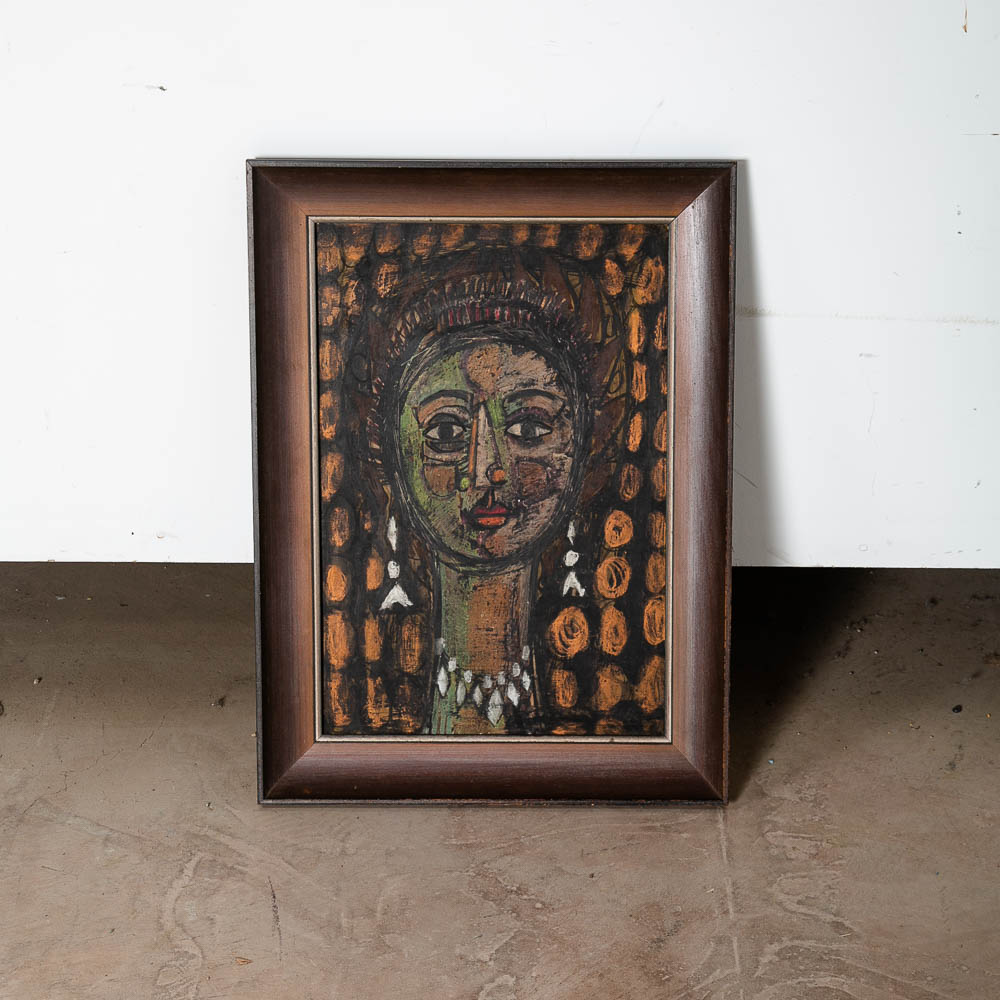 Mid Century Modern Painting Charcoal Pencil Signed Abstract Portrait Woman Girl - Image 4