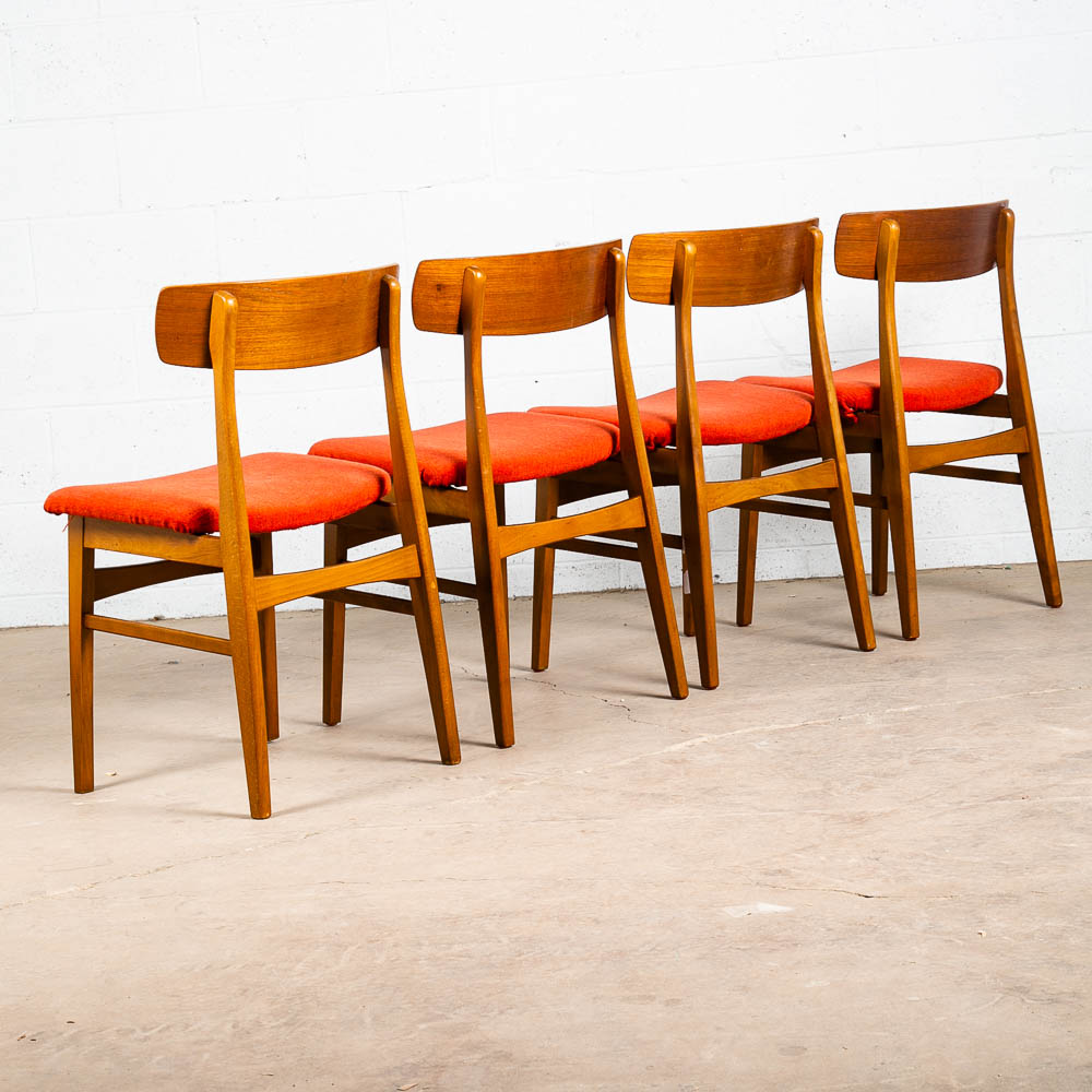 Mid Century Danish Modern Dining Chairs Set 4 Teak Roundback Red Vintage Denmark - Image 2