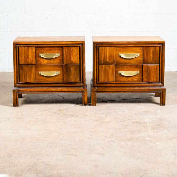 Mid Century Modern Nightstands End Table Set Side 2 Drawers Walnut Vintage Brass - Image 2