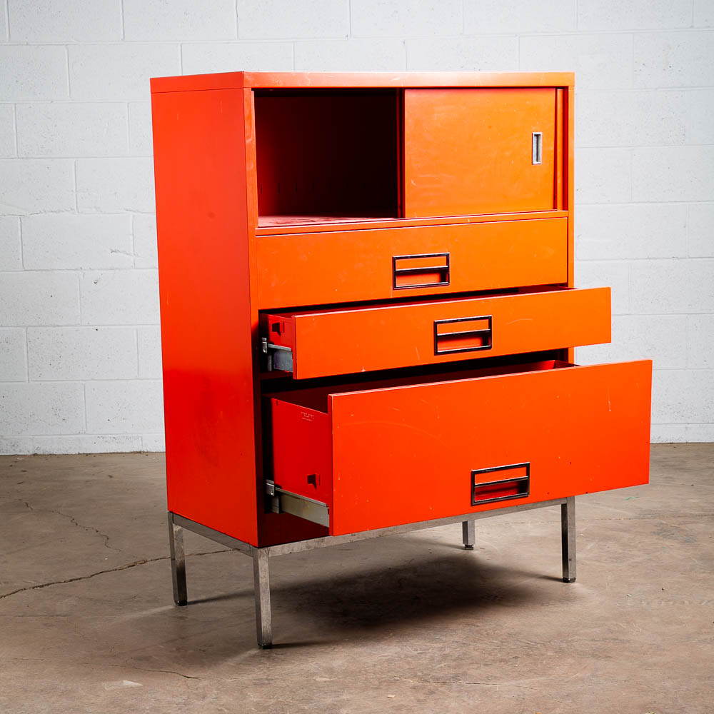 Mid Century Modern Highboy Dresser Metal Solid Salmon Pink Red Steelcase Vintage - Image 6