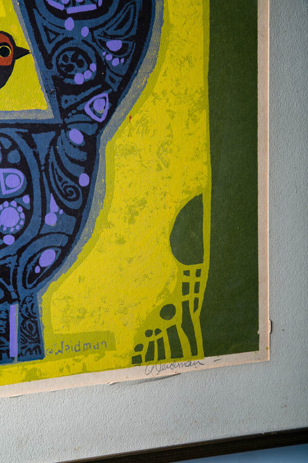 Mid Century Modern Art Print Serigraph David Weidman Yellow Cat Birds Mcm 31x25 - Image 5