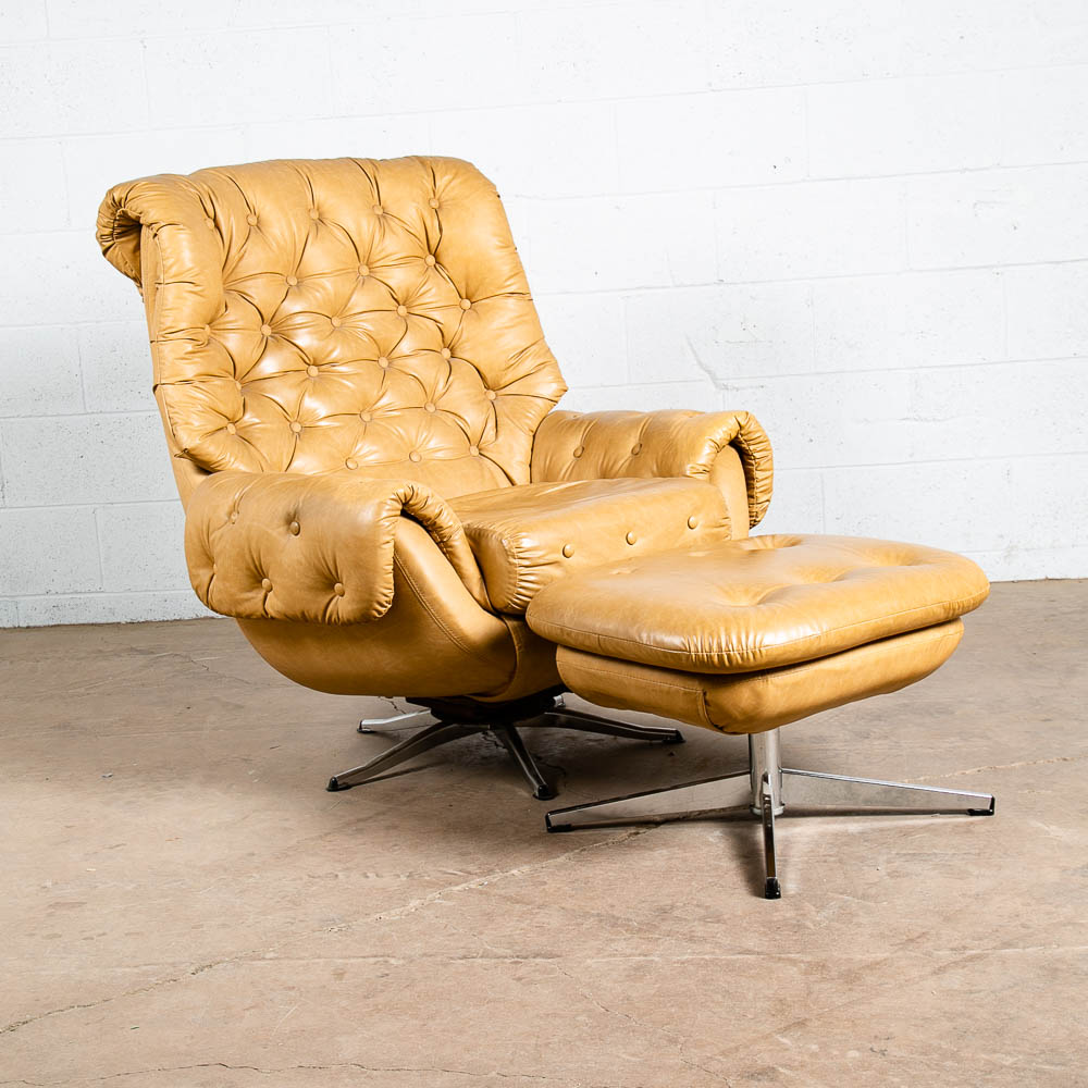 Mid Century Modern Lounge Chair Egg Ottoman Tufted Swivel Tan Cream Armchair Mcm