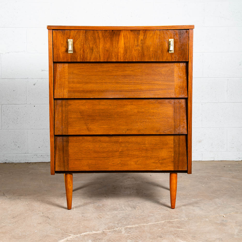 Mid Century Modern Dresser Highboy Walnut 4 Drawer Wood Brass Handle Restored - Image 2