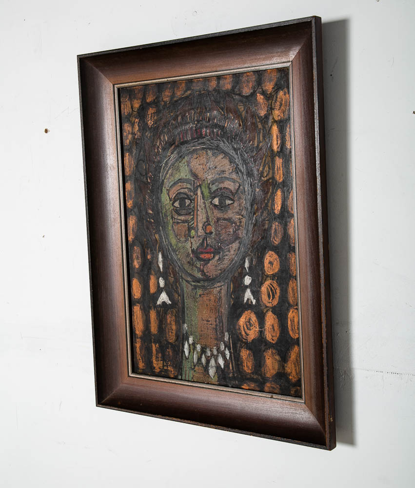 Mid Century Modern Painting Charcoal Pencil Signed Abstract Portrait Woman Girl - Image 3
