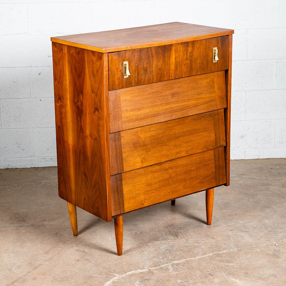 Mid Century Modern Dresser Highboy Walnut 4 Drawer Wood Brass Handle Restored