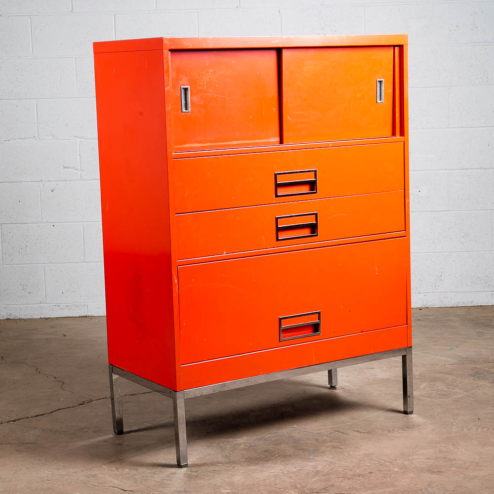 Mid Century Modern Highboy Dresser Metal Solid Salmon Pink Red Steelcase Vintage - Image 3