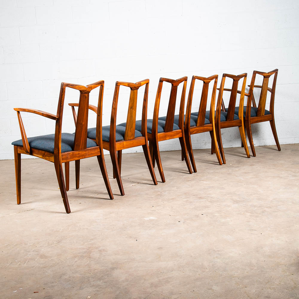 Mid Century Modern Dining Chairs 6 Drexel Collection Blue Solid Walnut Vintage - Image 2