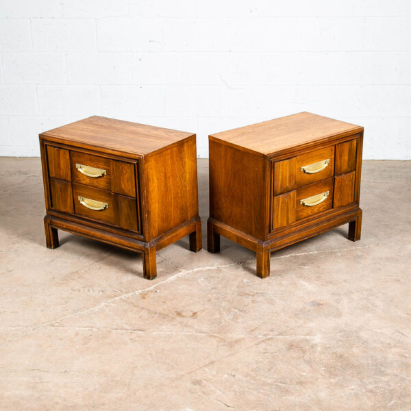 Mid Century Modern Nightstands End Table Set Side 2 Drawers Walnut Vintage Brass - Image 3
