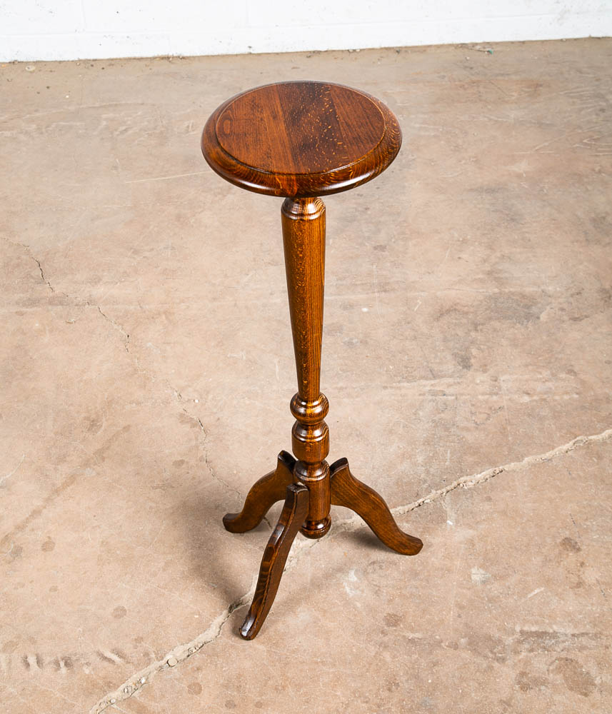 Antique Pedestal Plant Stand Torchere Solid Oak Side Table Smoking Round 3 Leg