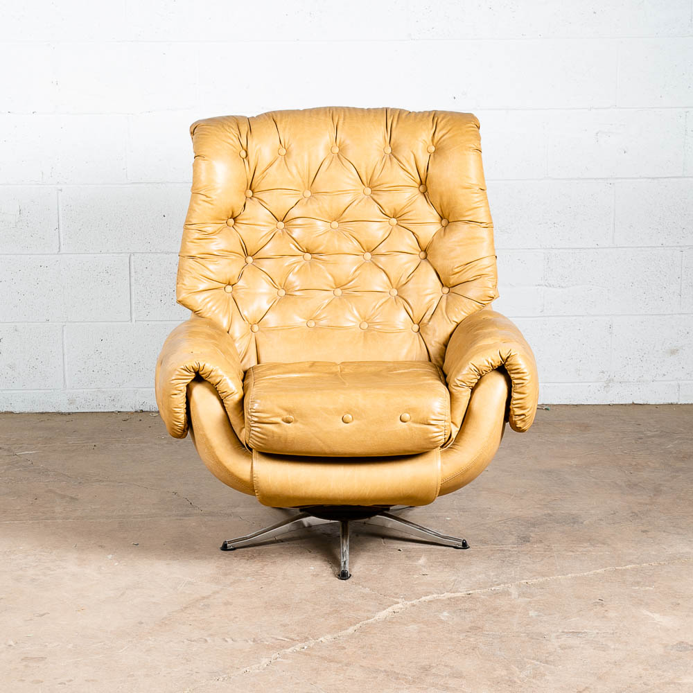 Mid Century Modern Lounge Chair Egg Ottoman Tufted Swivel Tan Cream Armchair Mcm - Image 5
