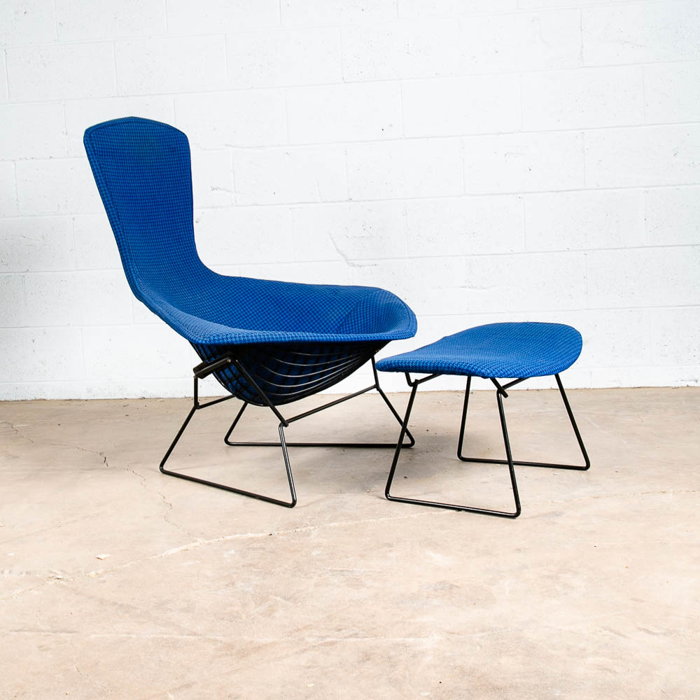 Mid Century Modern Lounge Chair Harry Bertoia Knoll Bird Ottoman Blue Black Base - Image 2