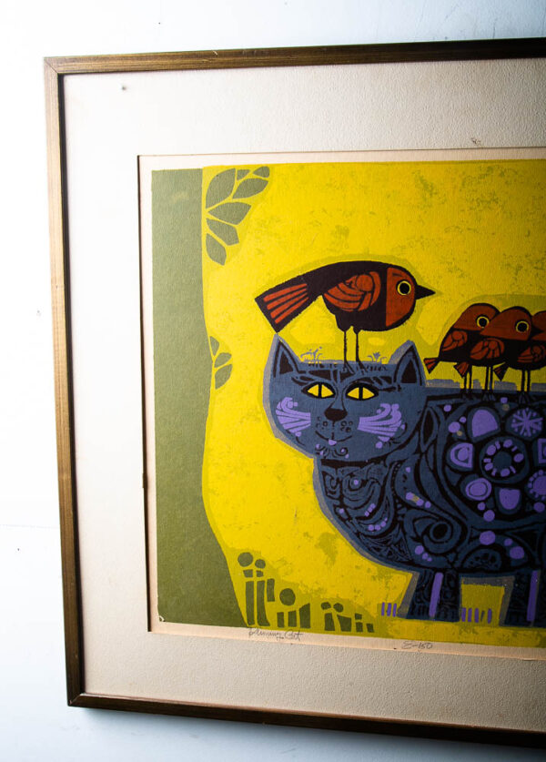 Mid Century Modern Art Print Serigraph David Weidman Yellow Cat Birds Mcm 31x25 - Image 7