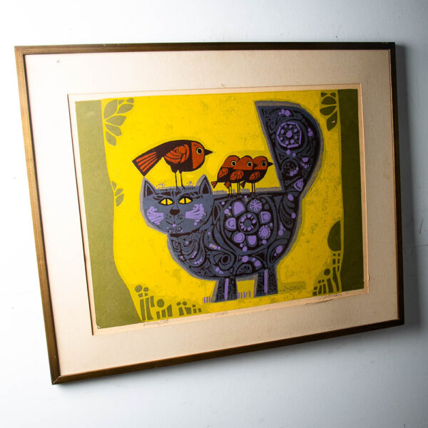 Mid Century Modern Art Print Serigraph David Weidman Yellow Cat Birds Mcm 31x25 - Image 2