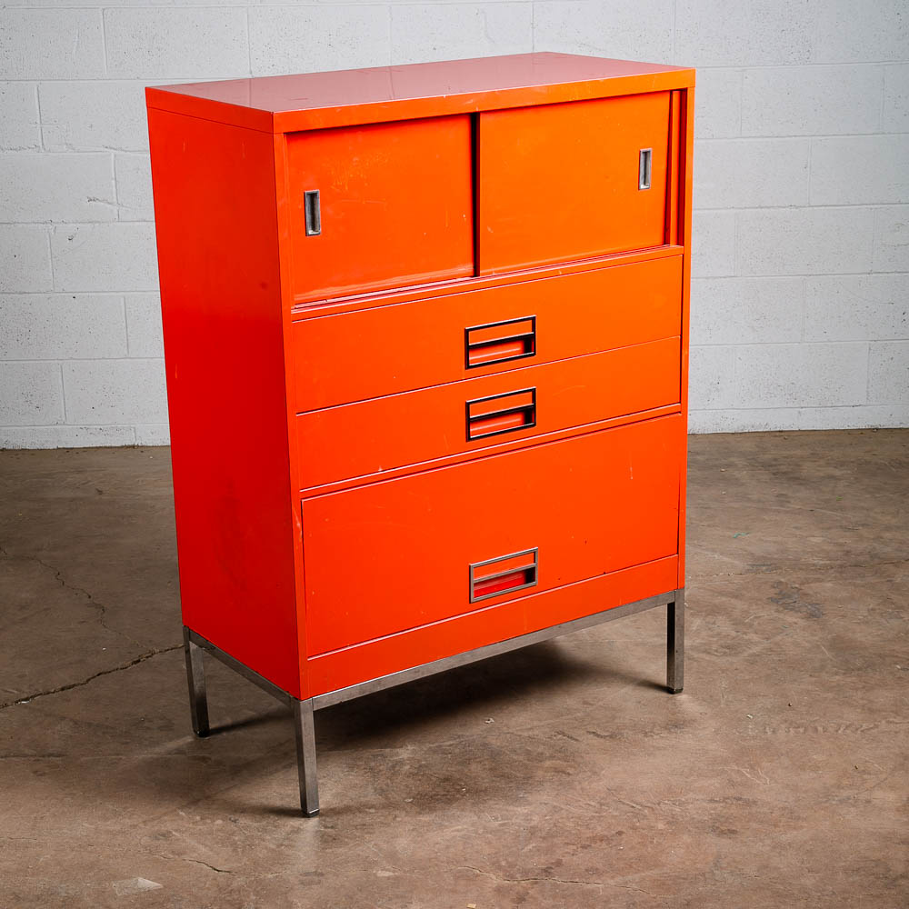 Mid Century Modern Highboy Dresser Metal Solid Salmon Pink Red Steelcase Vintage