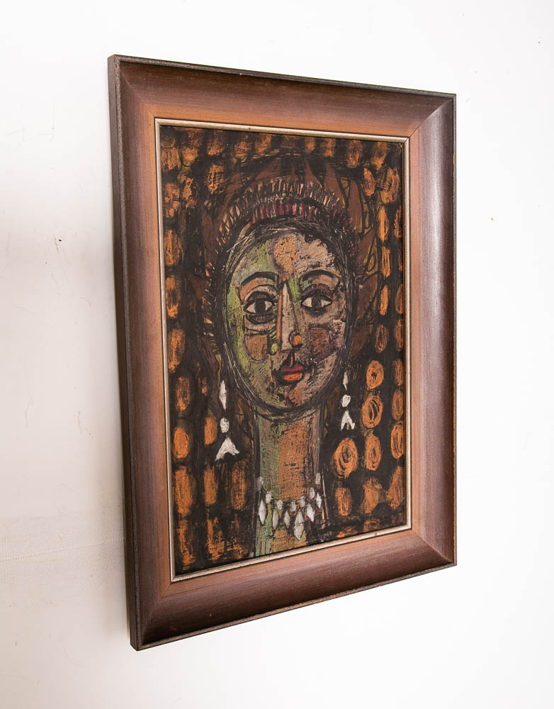 Mid Century Modern Painting Charcoal Pencil Signed Abstract Portrait Woman Girl - Image 2