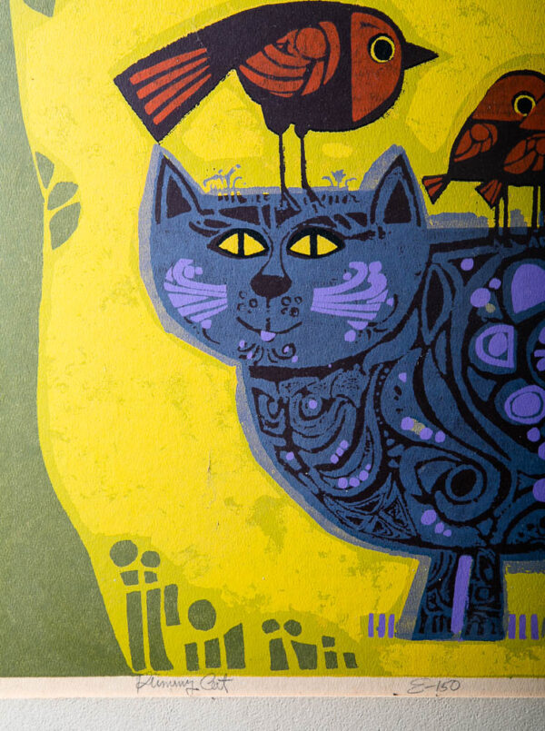 Mid Century Modern Art Print Serigraph David Weidman Yellow Cat Birds Mcm 31x25 - Image 9