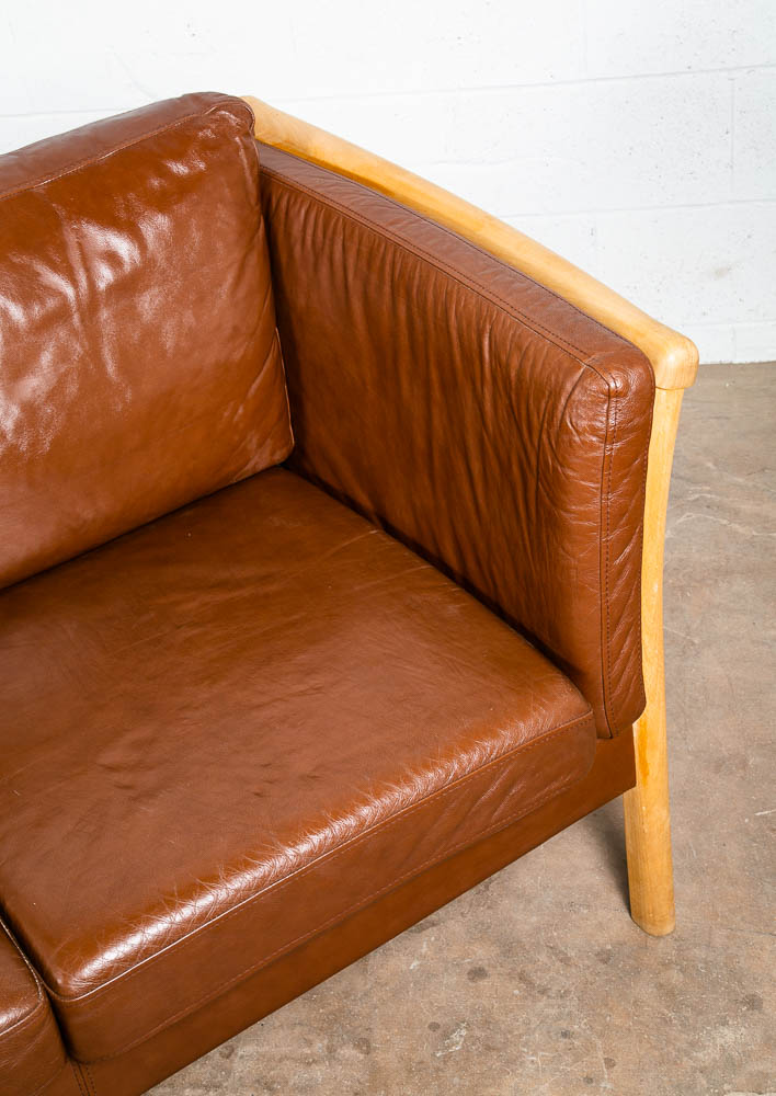 Mid Century Danish Modern Sofa Settee 2 Seater Stouby Worn Leather Brown Couch - Image 6