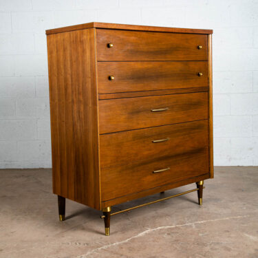 Mid Century Modern Dresser Highboy 5 Drawer Walnut Kent Coffey High Brass Trim