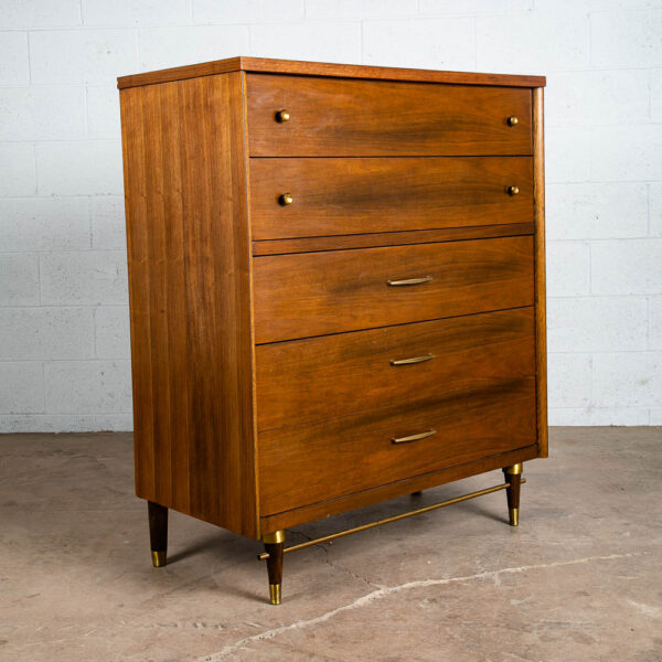 Mid Century Modern Dresser Highboy 5 Drawer Walnut Kent Coffey High Brass Trim