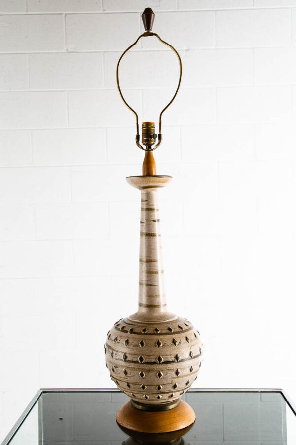 Mid Century Modern Table Lamp Ceramic Walnut Large Art White Brown Textured - Image 3