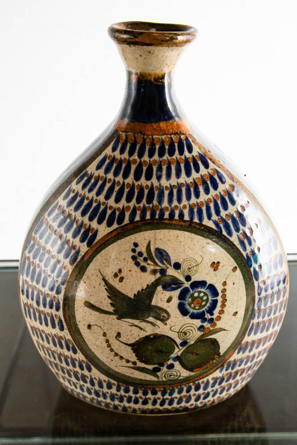 Mid Century Modern Pottery Vase Studio Salvador Carmona Blue White Black Bird - Image 2