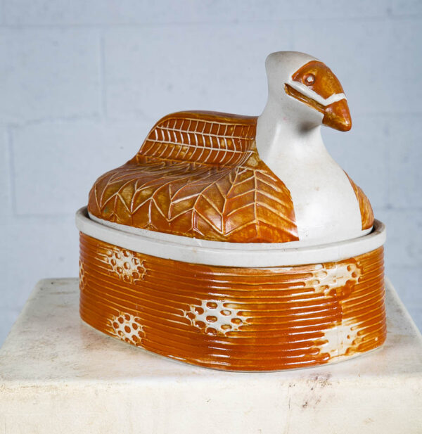 Mid Century Modern Casserole Platter Stoneware Art Pot Brown Tan Bird Mcm Tribal - Image 2