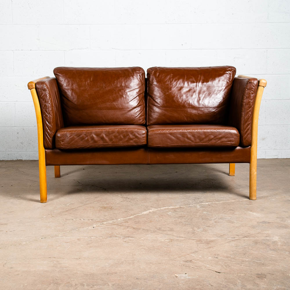 Mid Century Danish Modern Sofa Settee 2 Seater Stouby Worn Leather Brown Couch - Image 2