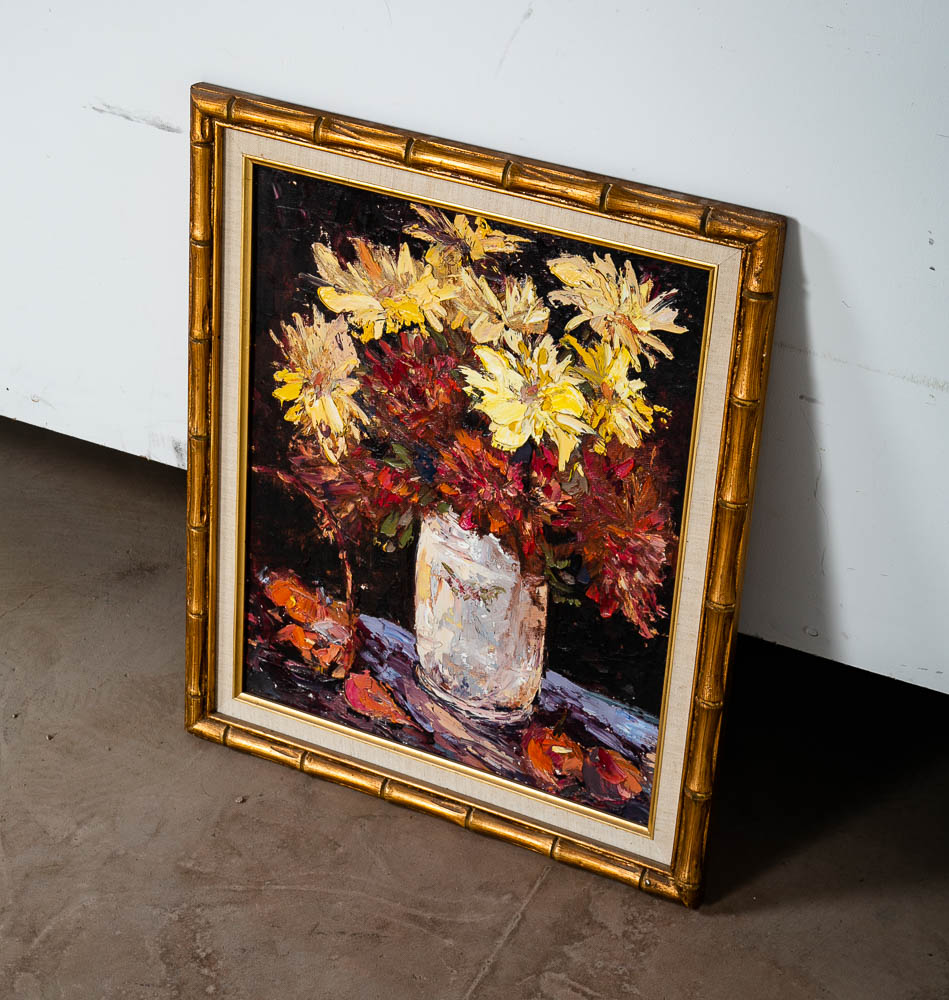 Mid Century Modern Painting Original Oil Art Flowers Floral Colorful Red Yellow - Image 2
