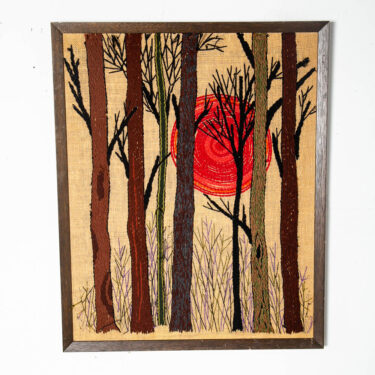 Mid Century Modern Tapestry Wall Hanging Abstract Trees Sun Original Art Retro