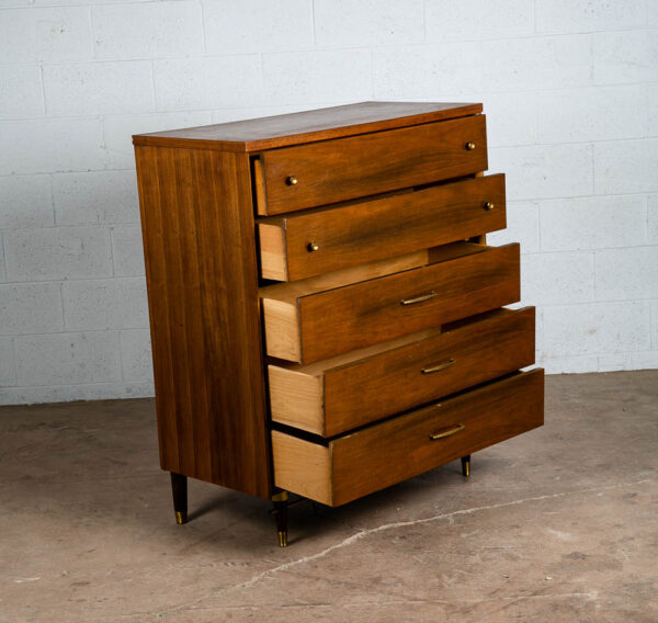 Mid Century Modern Dresser Highboy 5 Drawer Walnut Kent Coffey High Brass Trim - Image 4