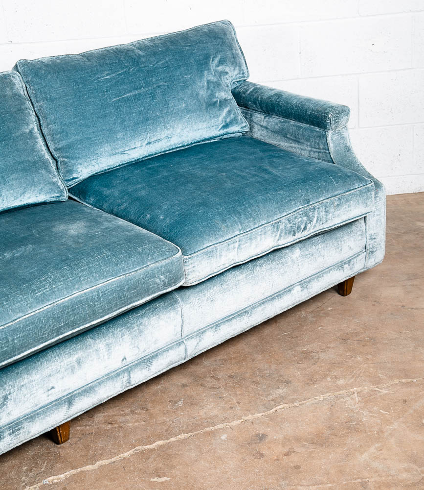 Mid Century Modern Sofa Couch Blue Velvet Velour 3 Seater Wood Legs Vintage Mcm - Image 6
