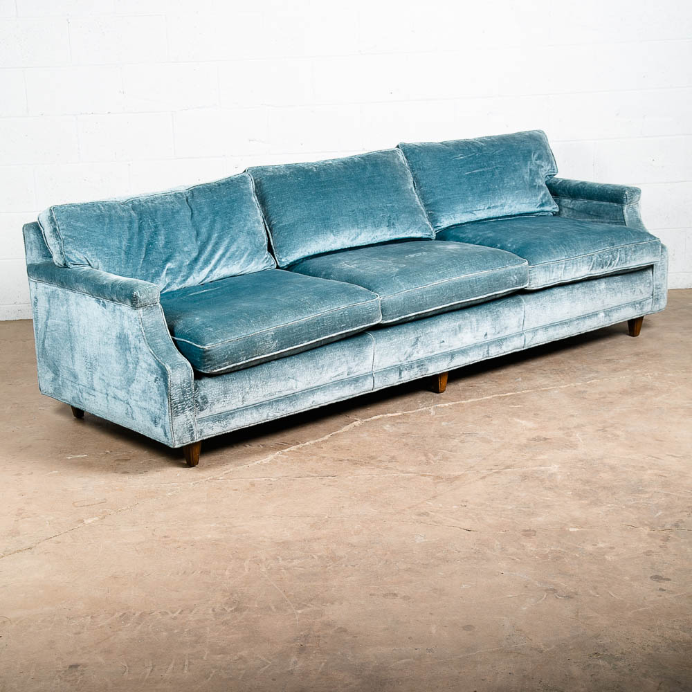 Mid Century Modern Sofa Couch Blue Velvet Velour 3 Seater Wood Legs Vintage Mcm
