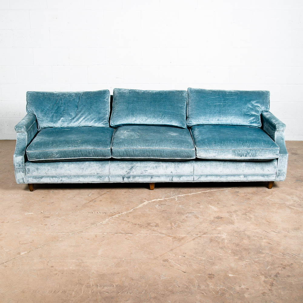 Mid Century Modern Sofa Couch Blue Velvet Velour 3 Seater Wood Legs Vintage Mcm - Image 2