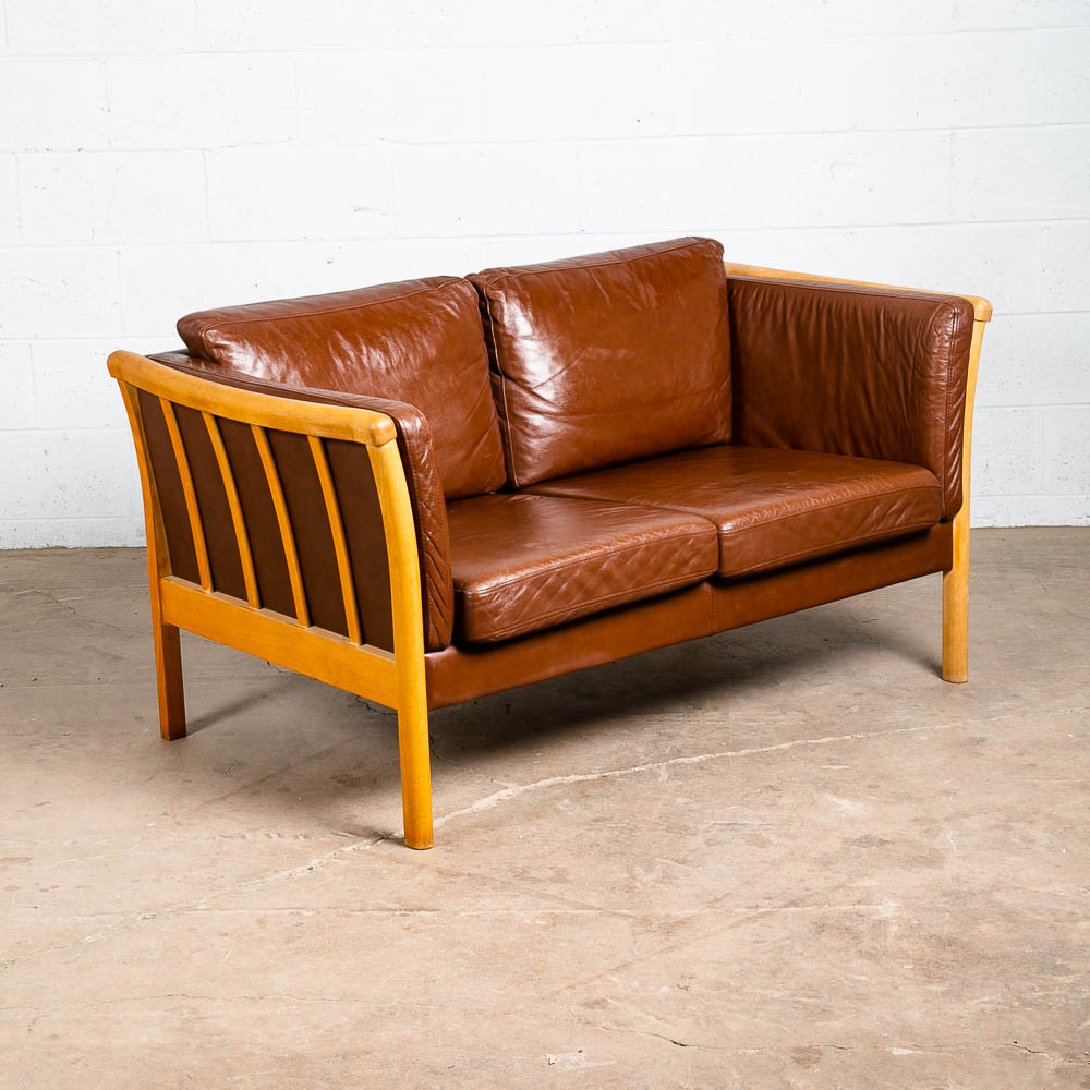 Mid Century Danish Modern Sofa Settee 2 Seater Stouby Worn Leather Brown Couch